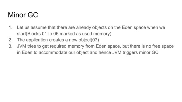Minor GC
1. Let us assume that there are already objects on the Eden space when we
start(Blocks 01 to 06 marked as used memory)
2. The application creates a new object(07)
3. JVM tries to get required memory from Eden space, but there is no free space
in Eden to accommodate our object and hence JVM triggers minor GC
