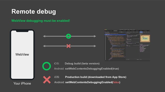 Remote debug
WKWebView
WebView debugging must be enabled!
Android: setWebContentsDebuggingEnabled(true)
iOS: Debug build (beta version)
Android: setWebContentsDebuggingEnabled(false)
iOS: Production build (downloaded from App Store)
WebView
Your iPhone
