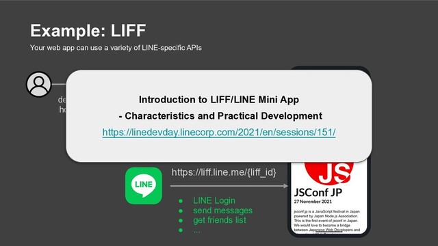 https://jsconf.jp/2021
develop
hosting
register
● LINE Login
● send messages
● get friends list
● ...
https://liff.line.me/{liff_id}
Your web app can use a variety of LINE-specific APIs
Introduction to LIFF/LINE Mini App
- Characteristics and Practical Development
https://linedevday.linecorp.com/2021/en/sessions/151/
Example: LIFF
