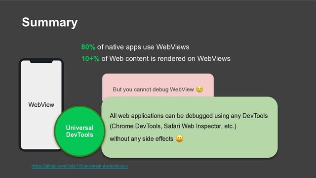 Summary
80% of native apps use WebViews
10+% of Web content is rendered on WebViews
WebView
But you cannot debug WebView 😢
All web applications can be debugged using any DevTools
(Chrome DevTools, Safari Web Inspector, etc.)
without any side effects 😄
Universal
DevTools
https://github.com/cola119/universal-devtools-poc
