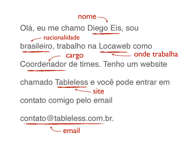 Olá, eu me chamo Diego Eis, sou
brasileiro, trabalho na Locaweb como
Coordenador de times. Tenho um website
chamado Tableless e você pode entrar em
contato comigo pelo email
contato@tableless.com.br.
nome
cargo
site
onde trabalha
email
nacionalidade
