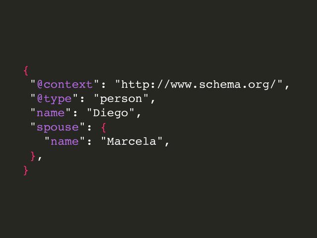 {
"@context": "http://www.schema.org/",
"@type": "person",
"name": "Diego",
"spouse": {
"name": "Marcela",
},
}
