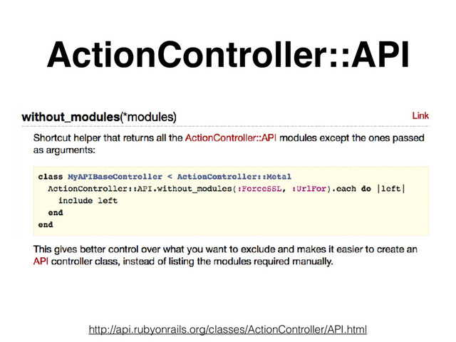 ActionController::API
http://api.rubyonrails.org/classes/ActionController/API.html
