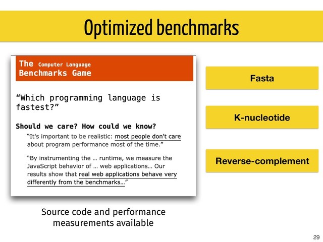 29
Optimized benchmarks
Fasta
K-nucleotide
Reverse-complement
Source code and performance
measurements available
