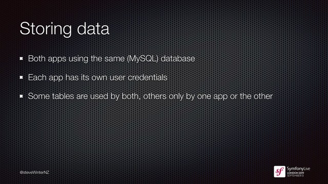 @steveWinterNZ
Storing data
Both apps using the same (MySQL) database
Each app has its own user credentials
Some tables are used by both, others only by one app or the other
