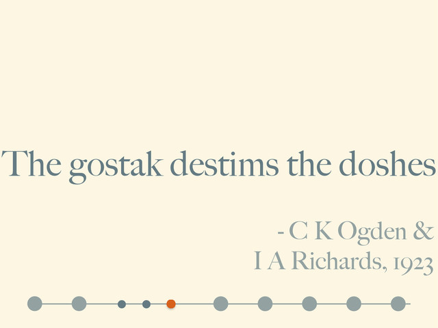 - C K Ogden &
I A Richards, 1923
The gostak destims the doshes

