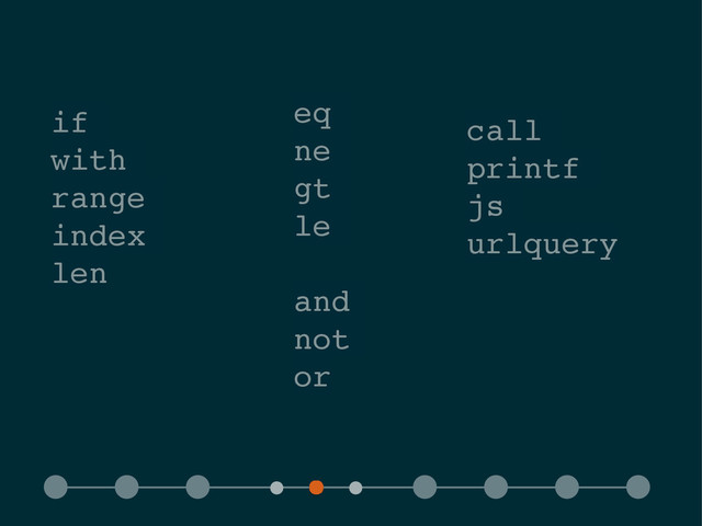if!
with!
range!
index!
len
call!
printf!
js!
urlquery
eq!
ne!
gt!
le!
!
and!
not!
or
