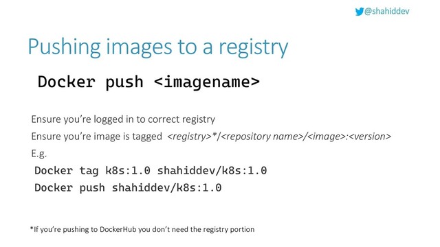 @shahiddev
Pushing images to a registry
Docker push 
Ensure you’re logged in to correct registry
Ensure you’re image is tagged *//:
E.g.
Docker tag k8s:1.0 shahiddev/k8s:1.0
Docker push shahiddev/k8s:1.0
*If you’re pushing to DockerHub you don’t need the registry portion
