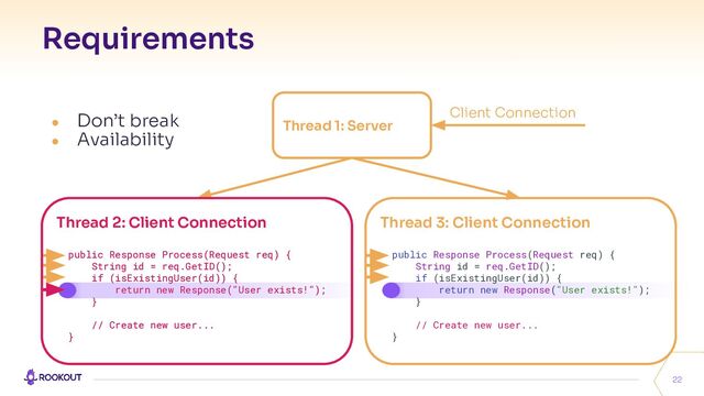 Thread 2: Client Connection
public Response Process(Request req) {
String id = req.GetID();
if (isExistingUser(id)) {
return new Response("User exists!");
}
// Create new user...
}
Requirements
22
● Don’t break
● Availability
Thread 1: Server
Client Connection
Thread 3: Client Connection
public Response Process(Request req) {
String id = req.GetID();
if (isExistingUser(id)) {
return new Response("User exists!");
}
// Create new user...
}
Thread 2: Client Connection
public Response Process(Request req) {
String id = req.GetID();
if (isExistingUser(id)) {
return new Response("User exists!");
}
// Create new user...
}
