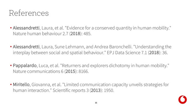 35
• Alessandretti, Laura, et al. "Evidence for a conserved quantity in human mobility."
Nature human behaviour 2.7 (2018): 485.
• Alessandretti, Laura, Sune Lehmann, and Andrea Baronchelli. "Understanding the
interplay between social and spatial behaviour." EPJ Data Science 7.1 (2018): 36.
• Pappalardo, Luca, et al. "Returners and explorers dichotomy in human mobility."
Nature communications 6 (2015): 8166.
• Miritello, Giovanna, et al. "Limited communication capacity unveils strategies for
human interaction." Scientific reports 3 (2013): 1950.
References
