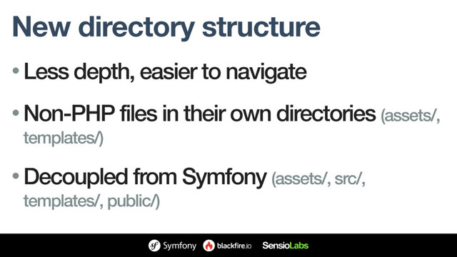 New directory structure
• Less depth, easier to navigate
• Non-PHP files in their own directories (assets/,
templates/)
• Decoupled from Symfony (assets/, src/,
templates/, public/)
