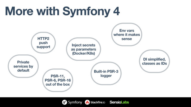 More with Symfony 4
HTTP2
push
support Inject secrets
as parameters
(Docker/K8s)
Built-in PSR-3
logger
Env vars
where it makes
sense
DI simplified,
classes as IDs
PSR-11,
PSR-6, PSR-16
out of the box
Private
services by
default

