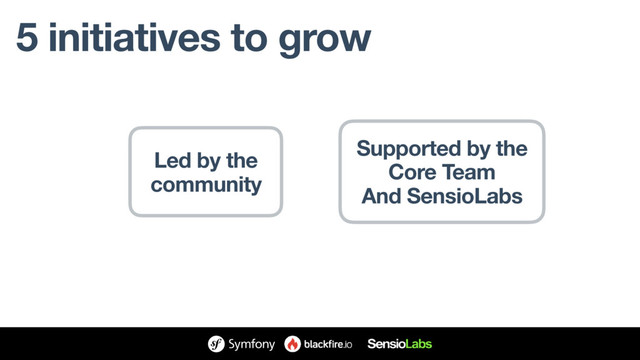 5 initiatives to grow
Led by the
community
Supported by the
Core Team
And SensioLabs
