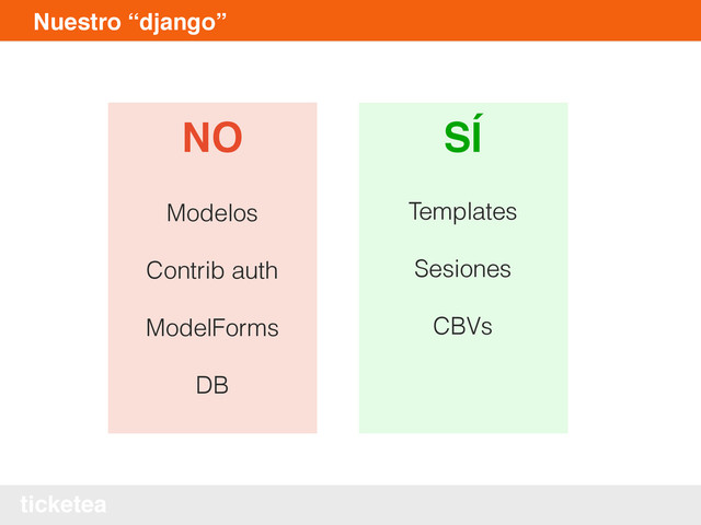 ticketea
Nuestro “django”
Modelos
Contrib auth
ModelForms
DB
Templates
Sesiones
CBVs
NO SÍ
