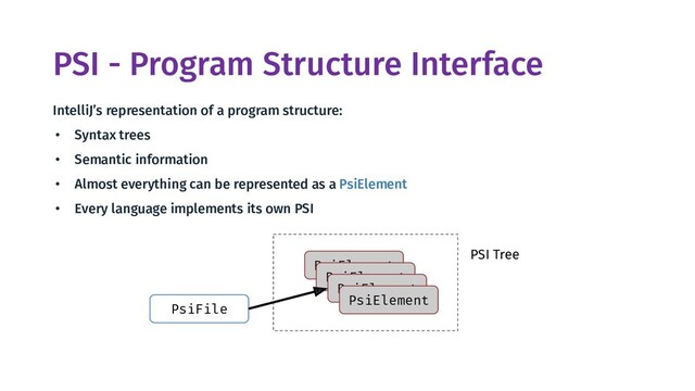 PSI - Program Structure Interface
IntelliJ’s representation of a program structure:
• Syntax trees
• Semantic information
• Almost everything can be represented as a PsiElement
• Every language implements its own PSI
PsiElement
PsiElement
PsiElement
PsiElement
PsiFile
PSI Tree

