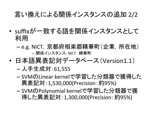 言い換えによる関係インスタンスの追加	  2/2	
•  suﬃxが一致する語を関係インスタンスとして
利用	  
– e.g.	  NICT，京都府相楽郡精華町（企業，所在地）	  
–  関係インスタンス:	  NICT　精華町	  
•  日本語異表記対データベース（Version1.1）	  
– 人手生成対：61,555	  
– SVMのLinear	  kernelで学習した分類器で獲得した
異表記対：1,530,000(Precision：約95%)	  
– SVMのPolynomial	  kernelで学習した分類器で獲
得した異表記対：1,300,000(Precision：約95%)	  
