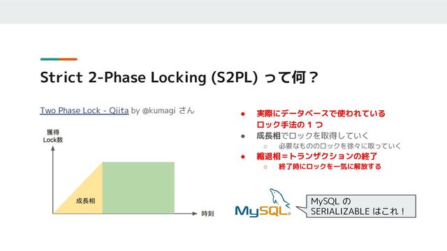 Strict 2-Phase Locking (S2PL) って何？
Two Phase Lock - Qiita by @kumagi さん
● 実際にデータベースで使われている
ロック手法の 1 つ
● 成長相でロックを取得していく
○ 必要なもののロックを徐々に取っていく
● 縮退相＝トランザクションの終了
○ 終了時にロックを一気に解放する
MySQL の
SERIALIZABLE はこれ！
