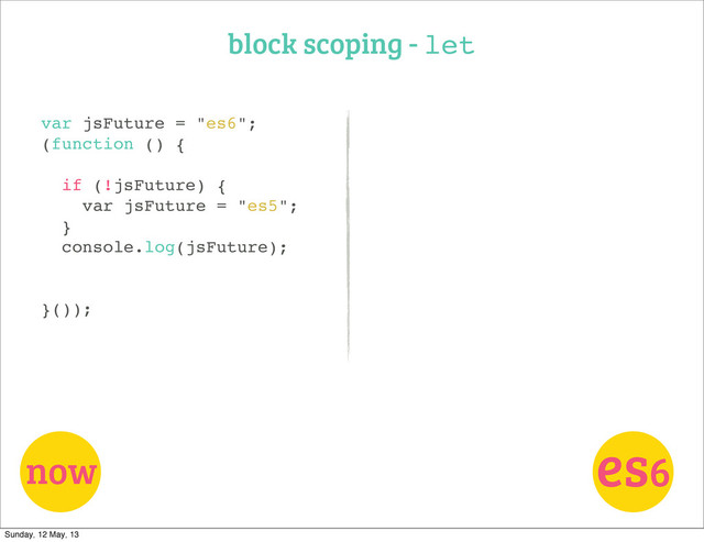 block scoping - let
now
var jsFuture = "es6";
(function () {
if (!jsFuture) {
var jsFuture = "es5";
}
console.log(jsFuture);
}());
es6
Sunday, 12 May, 13
