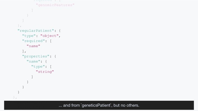 required : [
"genomicFeatures"
]
}
]
},
"regularPatient": {
"type": "object",
"required": [
"name"
],
"properties": {
"name": {
"type": [
"string"
]
}
}
}
},
"properties": {
"patient": {
... and from `geneticsPatient`, but no others.
