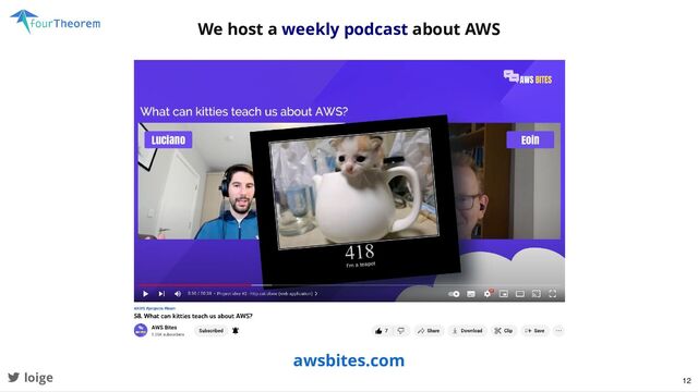 We host a weekly podcast about AWS
awsbites.com
loige 12
