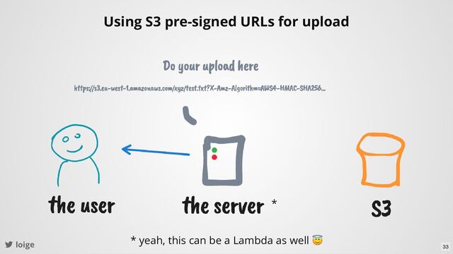loige
Using S3 pre-signed URLs for upload
* yeah, this can be a Lambda as well
😇
*
33
