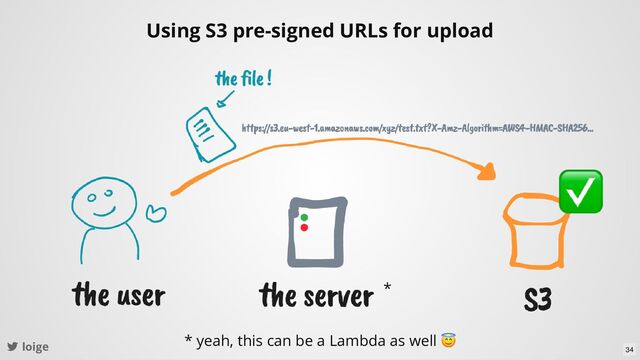 loige
Using S3 pre-signed URLs for upload
✅
* yeah, this can be a Lambda as well
😇
*
34
