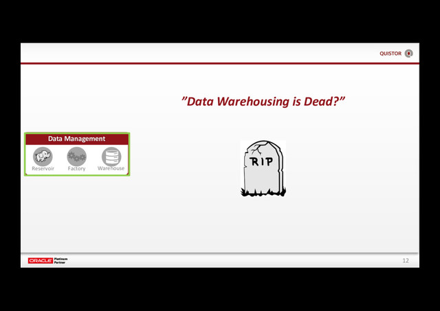 12
”Data Warehousing is Dead?”
Data Management
Reservoir Factory Warehouse
