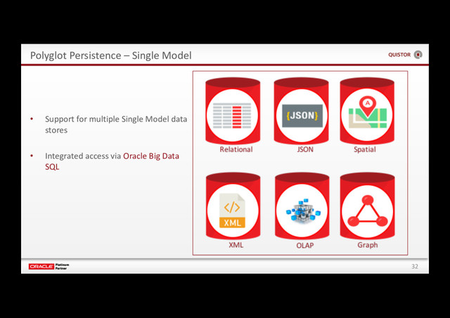 32
Polyglot Persistence – Single Model
• Support for multiple Single Model data
stores
• Integrated access via Oracle Big Data
SQL
