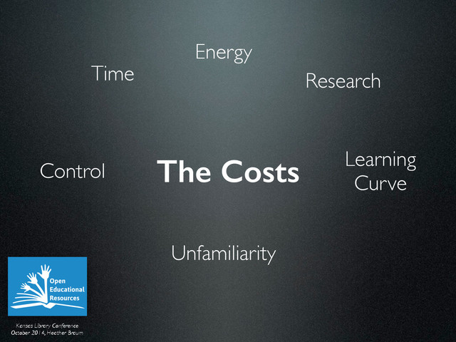 Kansas Library Conference	

October 2014, Heather Braum
The Costs
Time
Energy
Research
Learning 	

Curve
Control
Unfamiliarity
