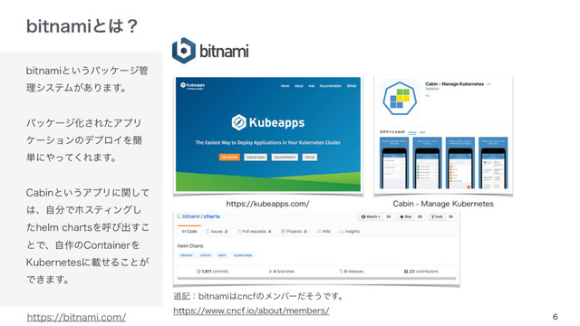 bitnamiというパッケージ管
理システムがあります。
パッケージ化されたアプリ
ケーションのデプロイを簡
単にやってくれます。
Cabinというアプリに関して
は、自分でホスティングし
たhelm chartsを呼び出すこ
とで、自作のContainerを
Kubernetesに載せることが
できます。
bitnamiとは？
6
https://bitnami.com/
Cabin - Manage Kubernetes
https://kubeapps.com/
追記：bitnamiはcncfのメンバーだそうです。 
https://www.cncf.io/about/members/
