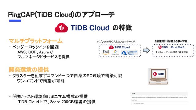 PingCAP(TiDB Cloud)のアプローチ 
の特徴 
マルチプラットフォーム 
・ ベンダーロックインを回避 
AWS、GCP、Azureで 
フルマネージドサービスを提供 
 
開発環境の提供 
・ クラスターを組まずコマンド一つで自身のPC環境で構築可能
 
ワンコマンドで構築が可能 
 
 
・ 開発/テスト環境向けミニマム構成の提供
 
TiDB Cloud上で、2core 200GB環境の提供
 
全てのオンプレミス環境で構築可能  
パブリッククラウド上のフルマネージド  自社運用に切り替える事が可能 
