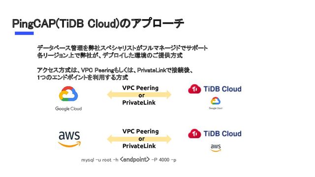 PingCAP(TiDB Cloud)のアプローチ 
データベース管理を弊社スペシャリストがフルマネージドでサポート  
各リージョン上で弊社が、デプロイした環境のご提供方式  
 
アクセス方式は、VPC Peeringもしくは、PrivateLinkで接続後、  
1つのエンドポイントを利用する方式  
VPC Peering
or
PrivateLink
mysql -u root -h  -P 4000 -p 
VPC Peering
or
PrivateLink
