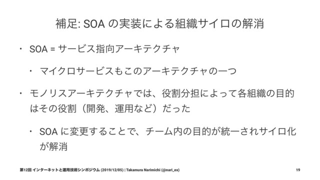 ิ଍: SOA ͷ࣮૷ʹΑΔ૊৫αΠϩͷղফ
• SOA = αʔϏεࢦ޲ΞʔΩςΫνϟ
• ϚΠΫϩαʔϏε΋͜ͷΞʔΩςΫνϟͷҰͭ
• ϞϊϦεΞʔΩςΫνϟͰ͸ɺ໾ׂ෼୲ʹΑ֤ͬͯ૊৫ͷ໨త
͸ͦͷ໾ׂʢ։ൃɺӡ༻ͳͲʣͩͬͨ
• SOA ʹมߋ͢Δ͜ͱͰɺνʔϜ಺ͷ໨త͕౷Ұ͞ΕαΠϩԽ
͕ղফ
ୈ12ճ Πϯλʔωοτͱӡ༻ٕज़γϯϙδ΢Ϝ (2019/12/05) | Takamura Narimichi (@nari_ex) 19
