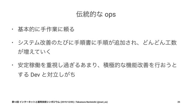 ఻౷తͳ ops
• جຊతʹख࡞ۀʹཔΔ
• γεςϜվળͷͨͼʹखॱॻʹखॱ͕௥Ճ͞ΕɺͲΜͲΜ޻਺
͕૿͍͑ͯ͘
• ҆ఆՔಇΛॏࢹ͠ա͗Δ͋·ΓɺੵۃతͳػೳվળΛߦ͓͏ͱ
͢Δ Dev ͱରཱ͕ͪ͠
ୈ12ճ Πϯλʔωοτͱӡ༻ٕज़γϯϙδ΢Ϝ (2019/12/05) | Takamura Narimichi (@nari_ex) 25
