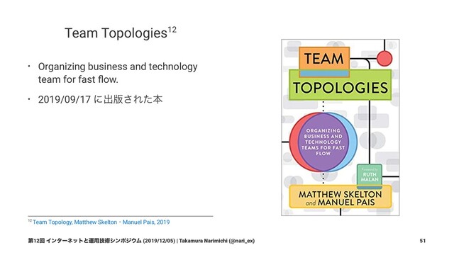 Team Topologies12
• Organizing business and technology
team for fast ﬂow.
• 2019/09/17 ʹग़൛͞Εͨຊ
12 Team Topology, Matthew SkeltonɾManuel Pais, 2019
ୈ12ճ Πϯλʔωοτͱӡ༻ٕज़γϯϙδ΢Ϝ (2019/12/05) | Takamura Narimichi (@nari_ex) 51
