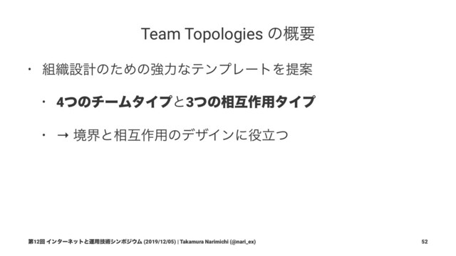 Team Topologies ͷ֓ཁ
• ૊৫ઃܭͷͨΊͷڧྗͳςϯϓϨʔτΛఏҊ
• 4ͭͷνʔϜλΠϓͱ3ͭͷ૬ޓ࡞༻λΠϓ
• → ڥքͱ૬ޓ࡞༻ͷσβΠϯʹ໾ཱͭ
ୈ12ճ Πϯλʔωοτͱӡ༻ٕज़γϯϙδ΢Ϝ (2019/12/05) | Takamura Narimichi (@nari_ex) 52
