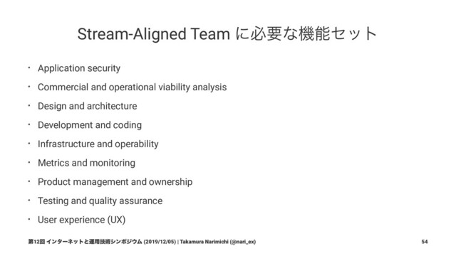 Stream-Aligned Team ʹඞཁͳػೳηοτ
• Application security
• Commercial and operational viability analysis
• Design and architecture
• Development and coding
• Infrastructure and operability
• Metrics and monitoring
• Product management and ownership
• Testing and quality assurance
• User experience (UX)
ୈ12ճ Πϯλʔωοτͱӡ༻ٕज़γϯϙδ΢Ϝ (2019/12/05) | Takamura Narimichi (@nari_ex) 54
