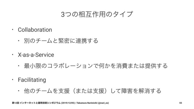 3ͭͷ૬ޓ࡞༻ͷλΠϓ
• Collaboration
• ผͷνʔϜͱۓີʹ࿈ܞ͢Δ
• X-as-a-Service
• ࠷খݶͷίϥϘϨʔγϣϯͰԿ͔Λফඅ·ͨ͸ఏڙ͢Δ
• Facilitating
• ଞͷνʔϜΛࢧԉʢ·ͨ͸ࢧԉʣͯ͠ো֐Λղফ͢Δ
ୈ12ճ Πϯλʔωοτͱӡ༻ٕज़γϯϙδ΢Ϝ (2019/12/05) | Takamura Narimichi (@nari_ex) 55
