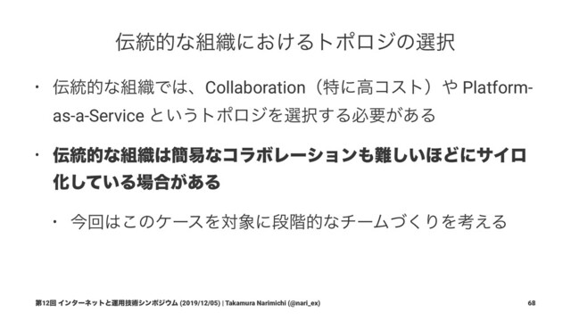 ఻౷తͳ૊৫ʹ͓͚Δτϙϩδͷબ୒
• ఻౷తͳ૊৫Ͱ͸ɺCollaborationʢಛʹߴίετʣ΍ Platform-
as-a-Service ͱ͍͏τϙϩδΛબ୒͢Δඞཁ͕͋Δ
• ఻౷తͳ૊৫͸؆қͳίϥϘϨʔγϣϯ΋೉͍͠΄ͲʹαΠϩ
Խ͍ͯ͠Δ৔߹͕͋Δ
• ࠓճ͸͜ͷέʔεΛର৅ʹஈ֊తͳνʔϜͮ͘ΓΛߟ͑Δ
ୈ12ճ Πϯλʔωοτͱӡ༻ٕज़γϯϙδ΢Ϝ (2019/12/05) | Takamura Narimichi (@nari_ex) 68

