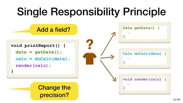 CC-BY
Data getData() {
…
}
Single Responsibility Principle
void printReport() {
}
calc = doCalc(data);
data = getData();
render(calc);
Add a
fi
eld?
Change the
precision?
Calc doCalc(data) {
…
}
void render(calc) {
…
}
?

