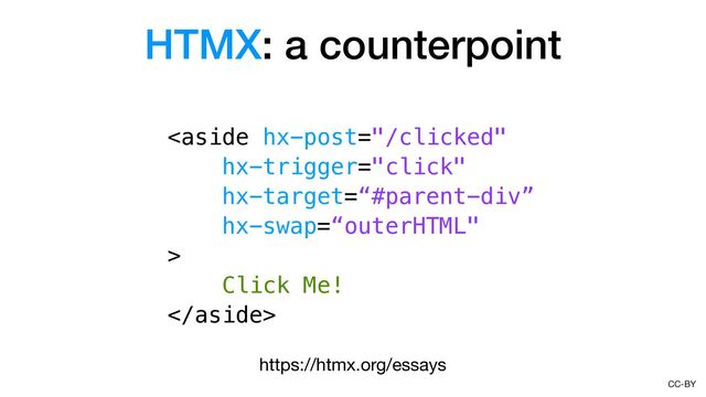 CC-BY
HTMX: a counterpoint

Click Me!

https://htmx.org/essays
