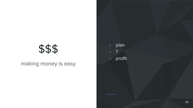 $$$
90
making money is easy
- plan
- ?
- profit

