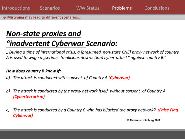 38 / 124
→ Mistyping may lead to different scenarios…
Introductions Scenarios WW Status Problems Conclusions
Non-state proxies and
“inadvertent Cyberwar Scenario:
„ During a time of international crisis, a [presumed non-state CNE] proxy network of country
A is used to wage a „serious (malicious destruction) cyber-attack“ against country B.“
How does country B know if:
a) The attack is conducted with consent of Country A (Cyberwar)
b) The attack is conducted by the proxy network itself without consent of Country A
(Cyberterrorism)
c) The attack is conducted by a Country C who has hijacked the proxy network? (False Flag
Cyberwar)
© Alexander Klimburg 2012
