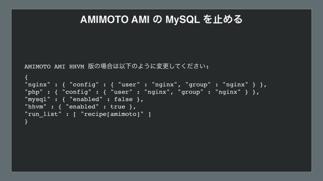 AMIMOTO AMI ͷ MySQL ΛࢭΊΔ
AMIMOTO AMI HHVM ൛ͷ৔߹͸ҎԼͷΑ͏ʹมߋ͍ͯͩ͘͠͞:
{
"nginx" : { "config" : { "user" : "nginx", "group" : "nginx" } },
"php" : { "config" : { "user" : "nginx", "group" : "nginx" } },
"mysql" : { "enabled" : false },
"hhvm" : { "enabled" : true },
"run_list" : [ "recipe[amimoto]" ]
}
