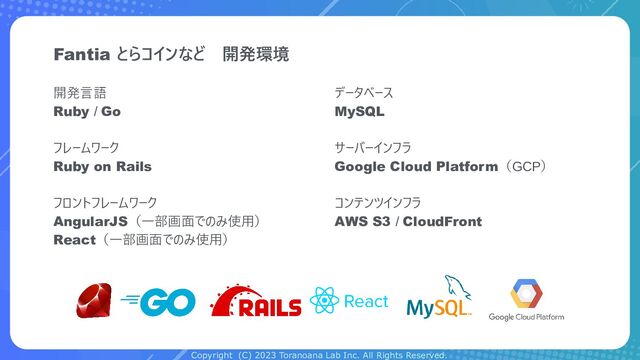 Copyright (C) 2023 Toranoana Lab Inc. All Rights Reserved.
Fantia 　
とらコインなど 開発環境
開発言語
Ruby / Go
フレームワーク
Ruby on Rails
フロントフレームワーク
AngularJS（一部画面でのみ使用）
React（一部画面でのみ使用）
データベース
MySQL
サーバーインフラ
Google Cloud Platform（GCP）
コンテンツインフラ
AWS S3 / CloudFront
