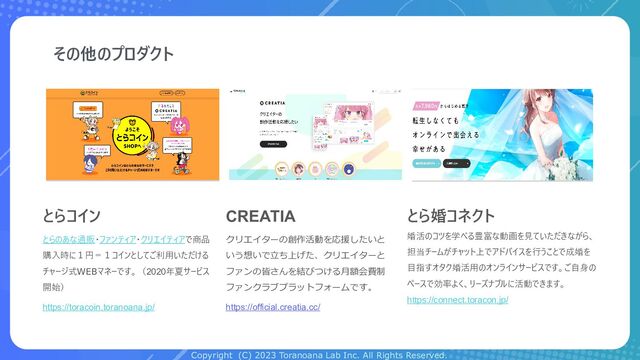 Copyright (C) 2023 Toranoana Lab Inc. All Rights Reserved.
その他のプロダクト
とらコイン
とらのあな通販・ファンティア・クリエイティアで商品
購入時に１円＝１コインとしてご利用いただける
チャージ式WEBマネーです。（2020年夏サービス
開始）
https://toracoin.toranoana.jp/
CREATIA
クリエイターの創作活動を応援したいと
いう想いで立ち上げた、クリエイターと
ファンの皆さんを結びつける月額会費制
ファンクラブプラットフォームです。
https://official.creatia.cc/
とら婚コネクト
婚活のコツを学べる豊富な動画を見ていただきながら、
担当チームがチャット上でアドバイスを行うことで成婚を
目指すオタク婚活用のオンラインサービスです。ご自身の
ペースで効率よく、リーズナブルに活動できます。
https://connect.toracon.jp/
