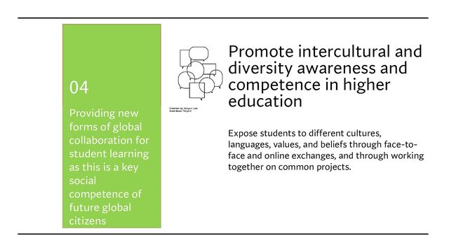 Promote intercultural and
diversity awareness and
competence in higher
education
Expose students to different cultures,
languages, values, and beliefs through face-to-
face and online exchanges, and through working
together on common projects.
Providing new
forms of global
collaboration for
student learning
as this is a key
social
competence of
future global
citizens
04
