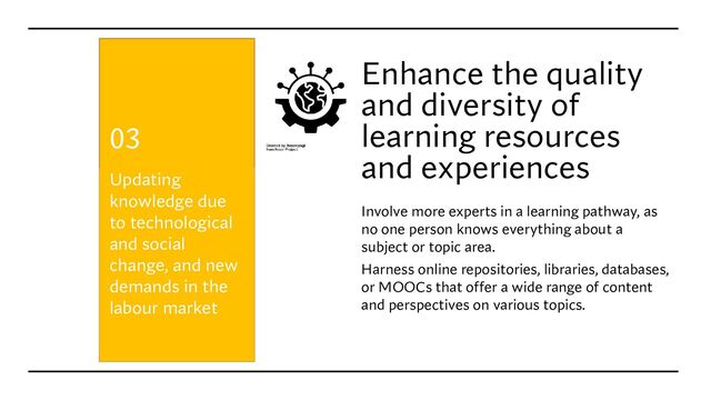 Enhance the quality
and diversity of
learning resources
and experiences
Involve more experts in a learning pathway, as
no one person knows everything about a
subject or topic area.
Harness online repositories, libraries, databases,
or MOOCs that offer a wide range of content
and perspectives on various topics.
Updating
knowledge due
to technological
and social
change, and new
demands in the
labour market
03
