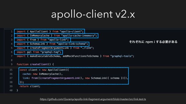 apollo-client v2.x
ͦΕͧΕʹOQNJ͢Δඞཁ͕͋Δ
https://github.com/Quramy/apollo-link-fragment-argument/blob/master/src/link.test.ts
