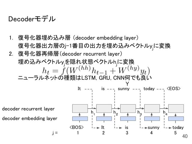 Decoderモデル 
1. 復号化器埋め込み層 （decoder embedding layer） 
復号化器出力層のj-1番目の出力を埋め込みベクトルy
j
に変換 
2. 復号化器再帰層（decoder recurrent layer） 
埋め込みベクトルy
j
を隠れ状態ベクトルh
j
に変換 
 
ニューラルネットの種類はLSTM, GRU, CNN何でも良い 
 
 
 
 
40 
  It  is  today 
It is sunny today 
sunny
Y
decoder embedding layer
decoder recurrent layer
j = 1 2 4 5
h
1
h
２
h
３
h
４
3
